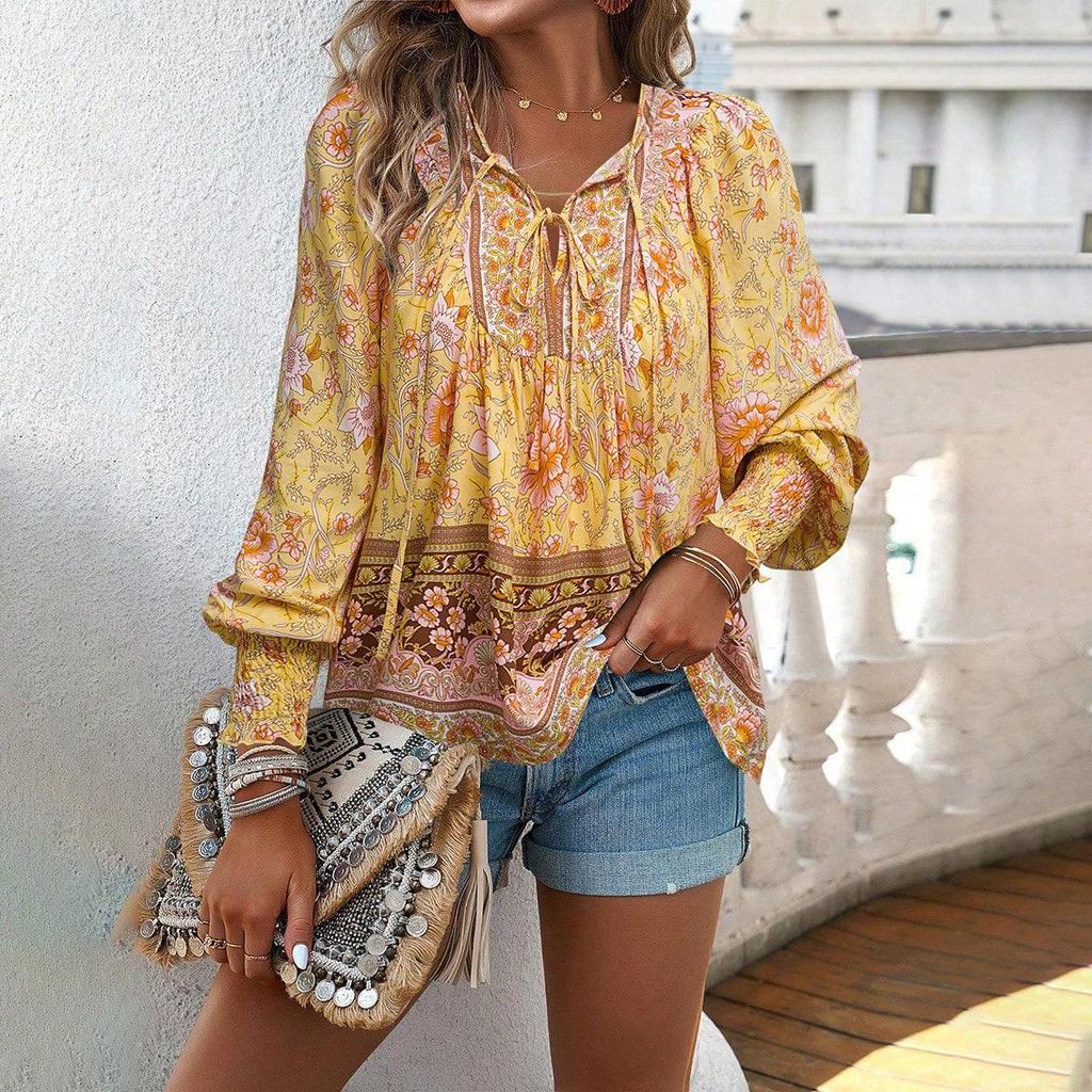 Bohemian Rayon Print Lace-up Long Sleeve Top for Women - 2025 Spring/Summer Collection