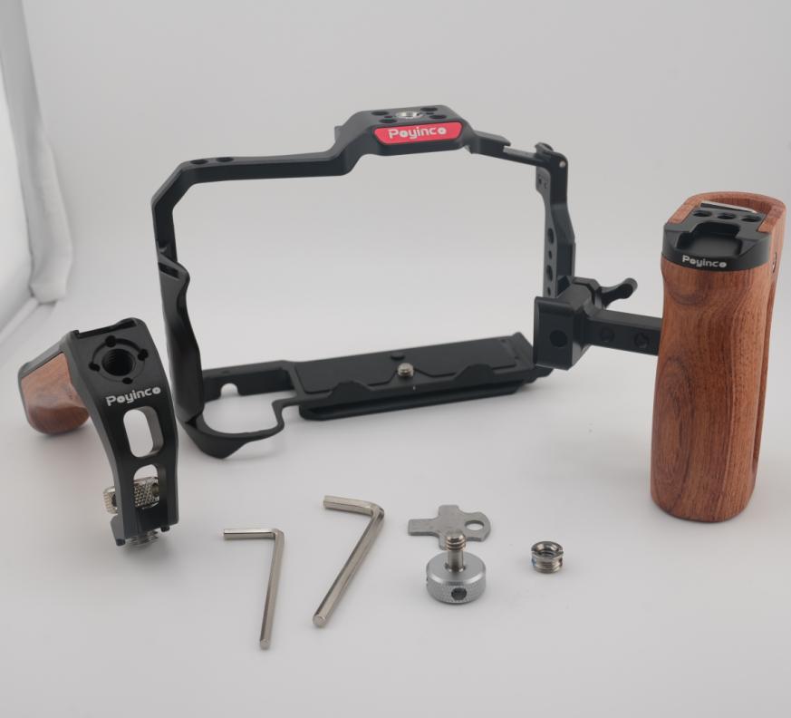 Poyinco JN-134 Camera Cage + Top Handle + Side Wooden Grip Kit Camera Video Cage with Cold Shoe