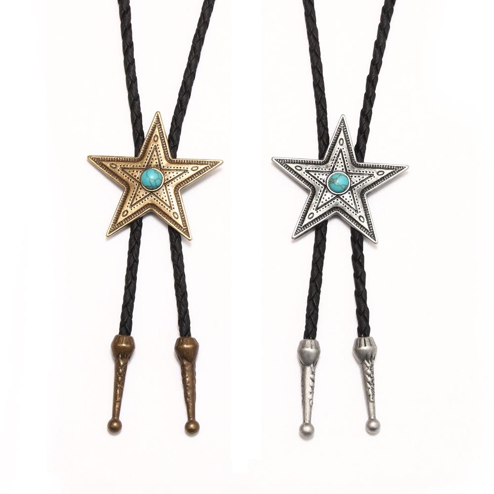 PU Woven Five-pointed Star Bolo Tie Boho Bronze Butterfly Choker Turquoise Feather Necklace Women