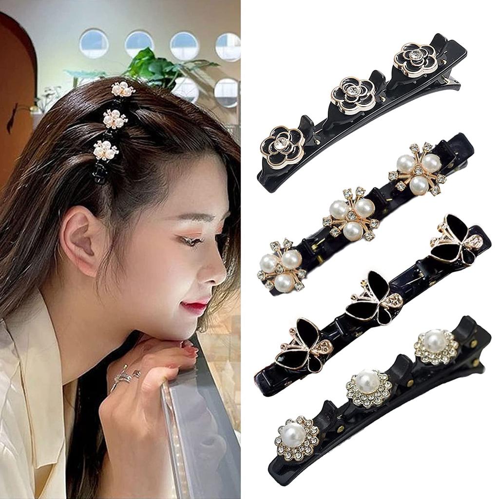 4pcs Sparkling Crystal Stone Braided Hair Clips Women Satin Fabric Hair Clips,Rsvelte Braided Hair Clip with 3 Small Clips, Multi Clip Hair Barrette