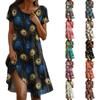 Short Sleeve Boho Dress For Women Casual Loose Fit Summer Sundress Feathers Print Dress With Pockets