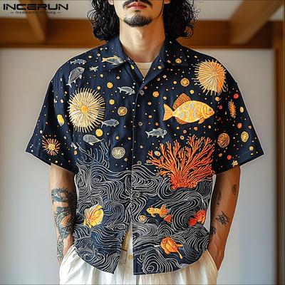 Мужские рубашки оверсайз с лацканами, коротким рукавом и принтом в стиле кэжуал