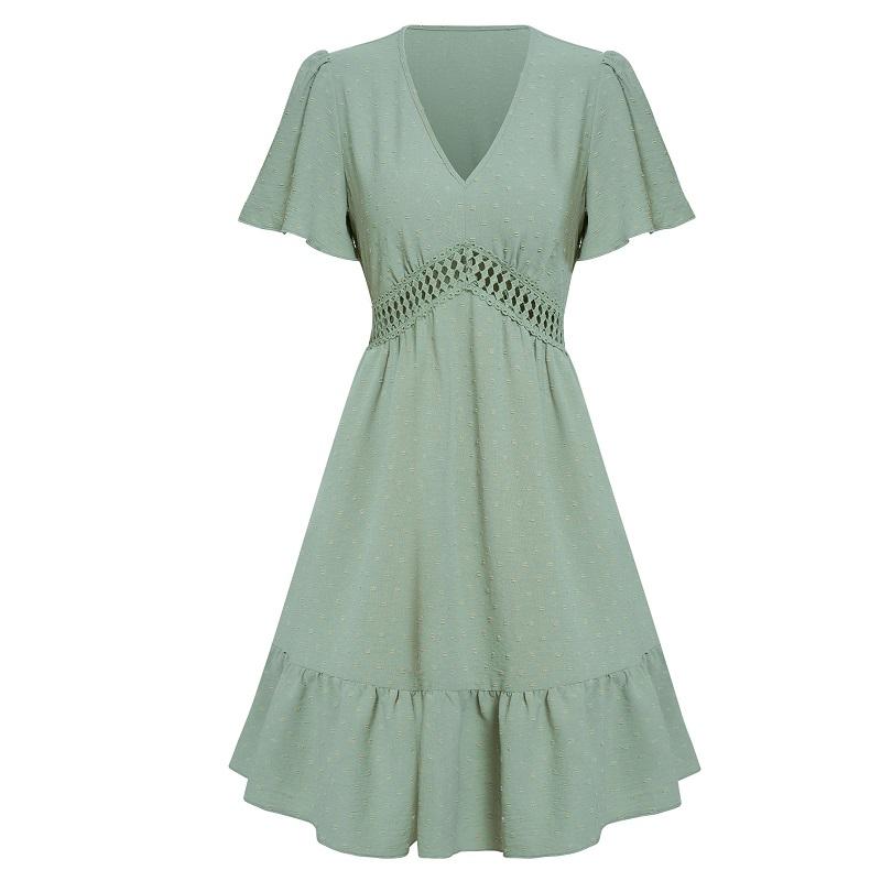 Досуг весна-лето женское однотонное платье с рукавами в виде листьев лотоса и v-образным вырезом