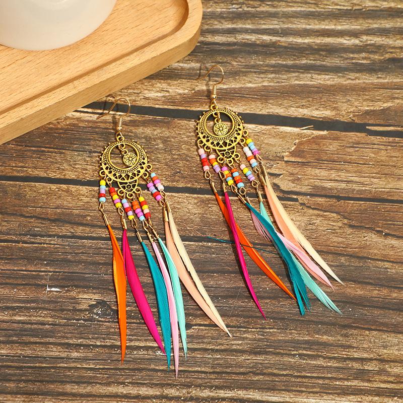 High-Value Feather Earrings Bohemian Long Tassel Photo Women'S Ear Hooks Personalized Earrings