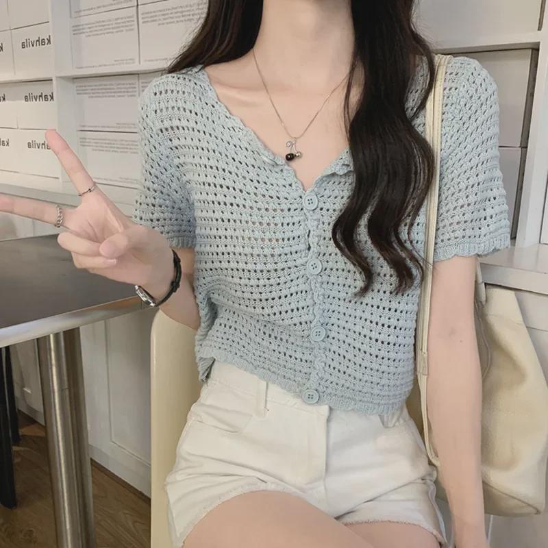Женский ажурный трикотажный кардиган - короткий рукав, сетка, топ-шаль, солнцезащитный стиль весна/лето 2023 г.