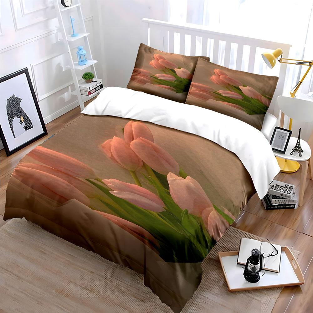 Pink tulips with leaves. Bedding sets Duvet cover sets Duvet covers Pillowcases(1*Duvet Cover 2*Pillowcases without duvet insert)