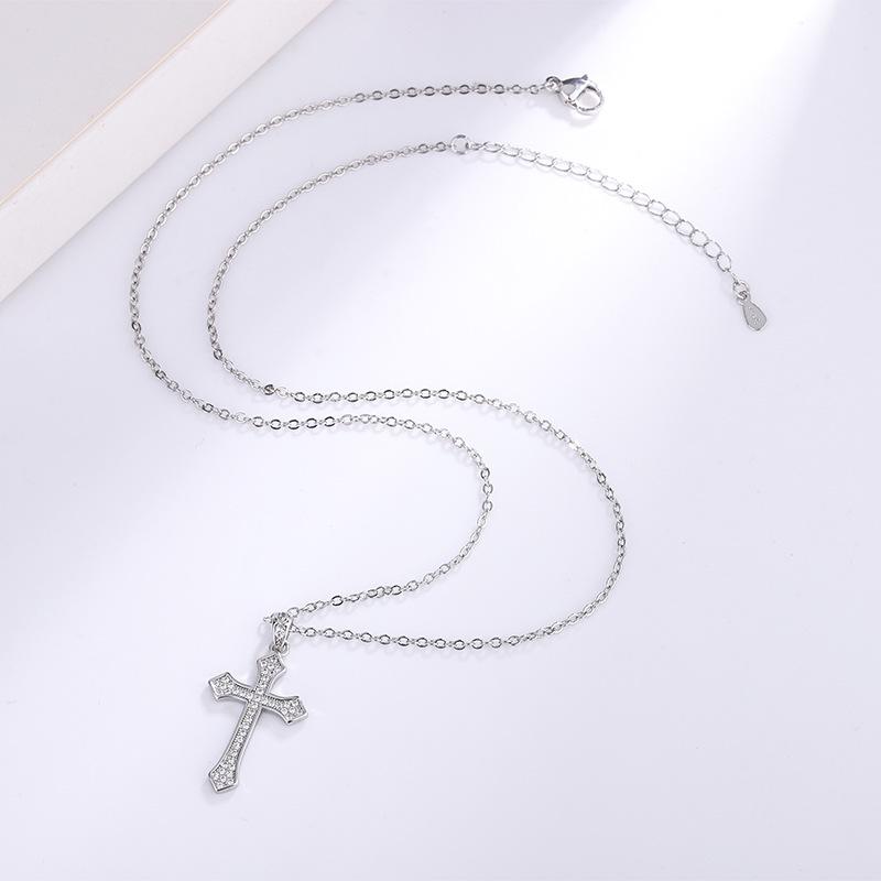 White Gold-Plated Cross Pendant Micro-Paved Necklace, Non-Fading, Christmas Gift Jewelry
