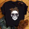 Fashion Leopard Skull Printed Women T-shirt Summer Loose Black Female T-shirt Casual Round Neck Harajuku Tops Woman Clothes