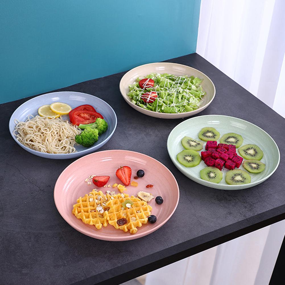 4Pcs Straw Dinner Plates Smooth Rim Shatter Resistant for Snack Salad Noodle Serving Round Wheat Platter for Home Restaurant Use