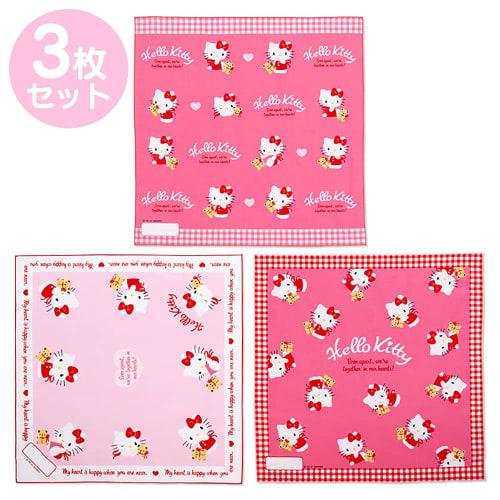 Sanrio Lunch Cloths, Set of 3, Approx. 43 X 43cm, 100% Cotton, with Name Space, Hello Kitty Character Design, 879649