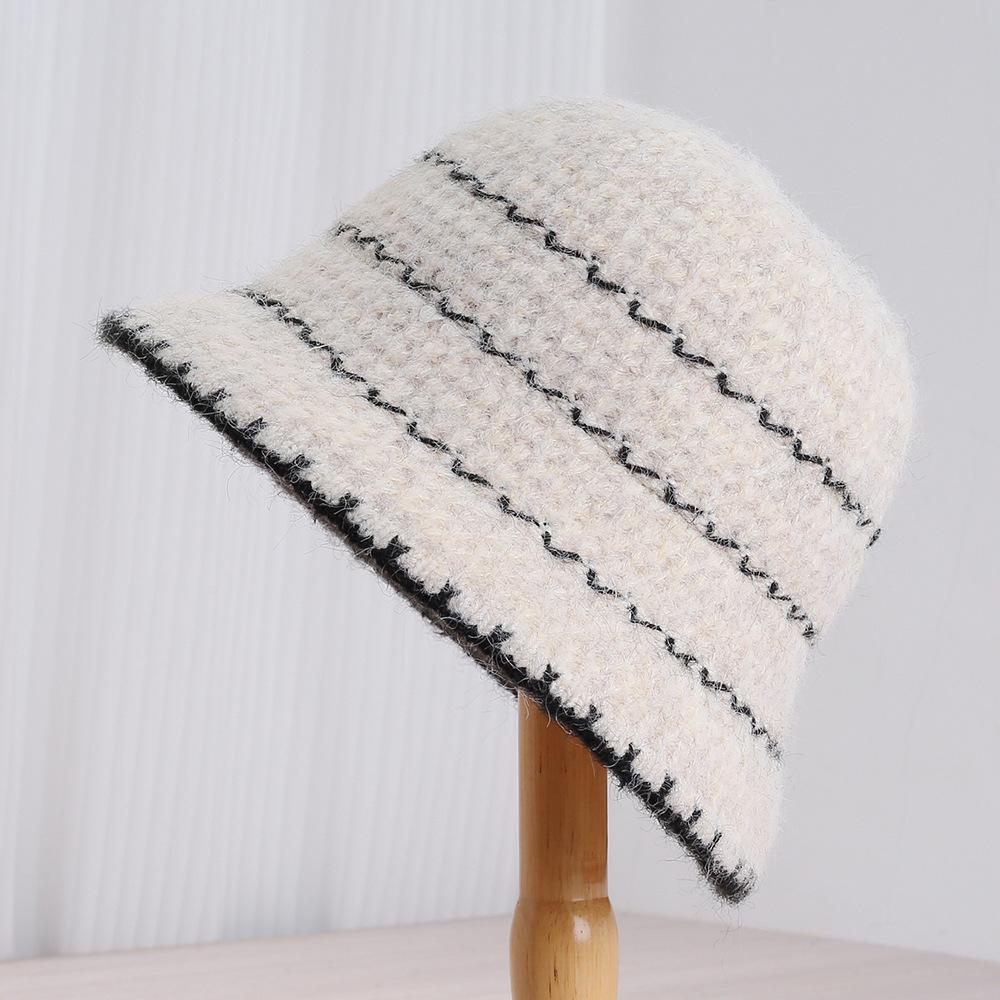 ins autumn and winter knitted bucket hat retro striped woven hat women's versatile face small bucket hat basin hat