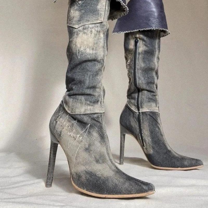 Мода 2024 года, высококачественная женская обувь, женские сапоги на молнии, модные современные сапоги с заклепками, женские сексуальные сапоги с острым носком до колена, Zapatos Mujer