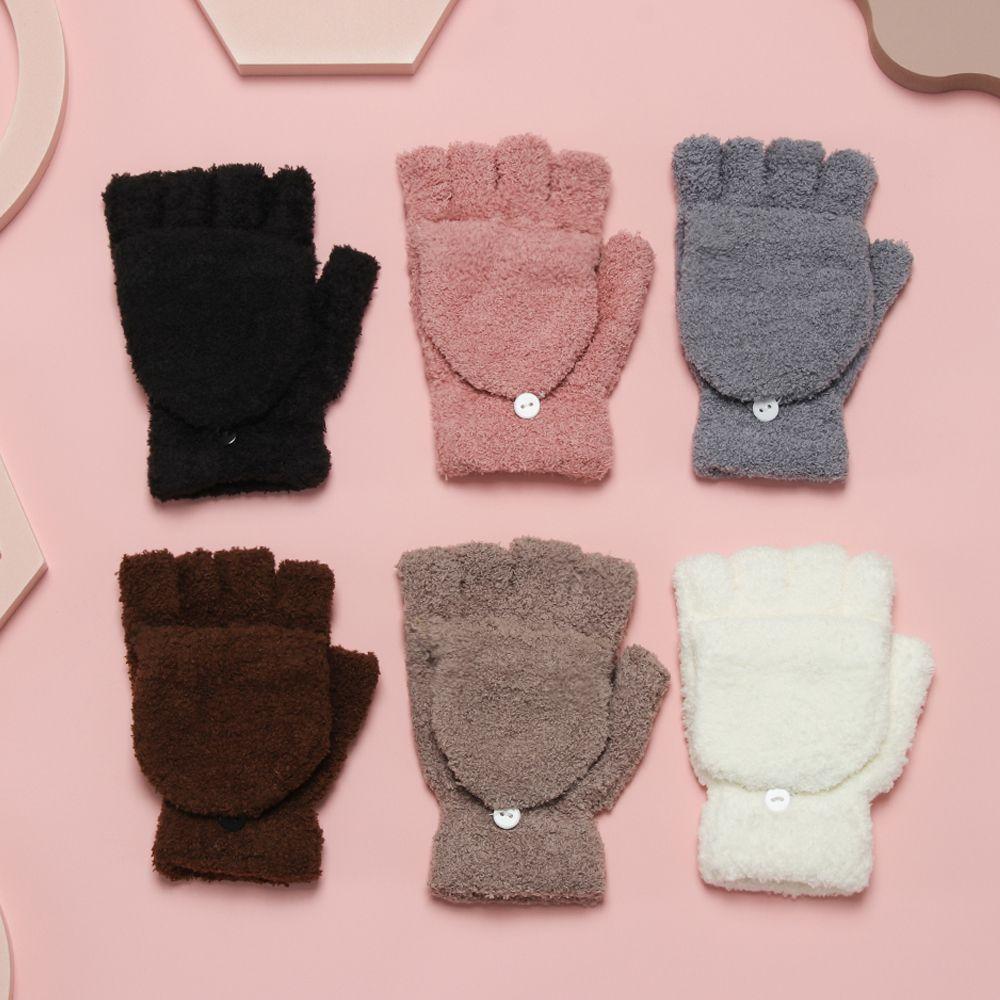 Girls Dual-use Thick Knitting Mittens Convertible Flip Top Half Finger Gloves Coral Velvet Gloves