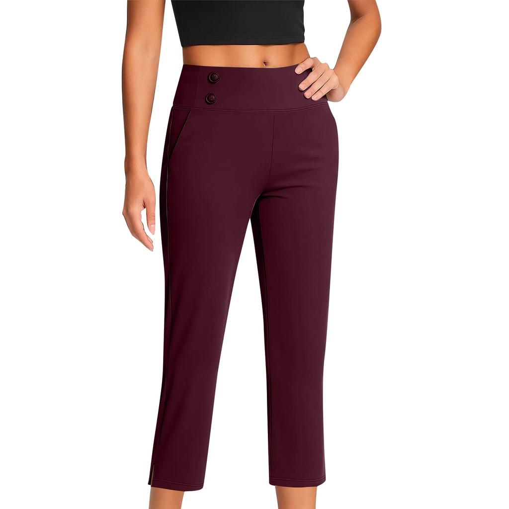Women's Fashionable Solid Color Straight Leg Pants With High Waist Button Pockets And Elastic Waist Casual Pants