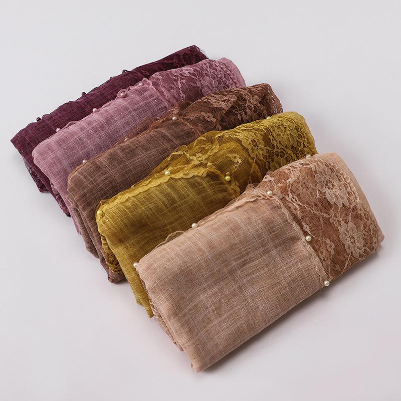 Solid Plain Lace Flower Patchwork Scarf for Women Muslim Islamic Hijab Head Scarves Shawls Female Long Pashmina Headwear