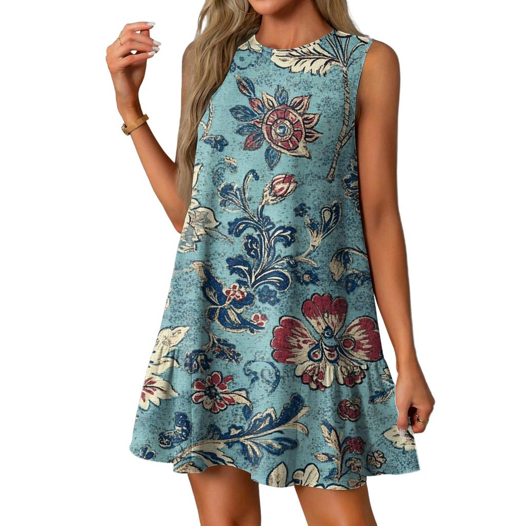 Женские модные повседневные платья без рукавов с круглым вырезом и оборками с винтажным принтом