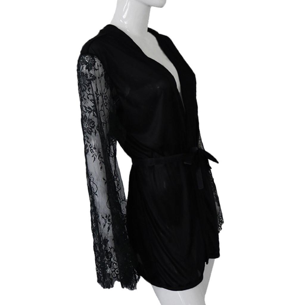 Женщины Атласный Халат Кружева с длинным рукавом Шелковое белье Халат Пояс Свободные ночные рубашки