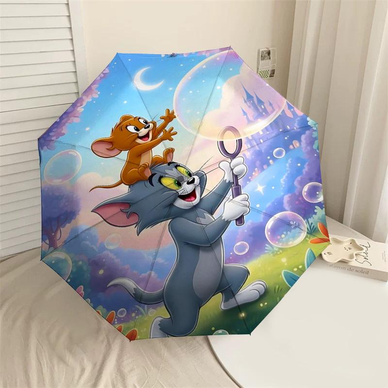 1pc Tom and Jerry Automatic Open/Close Umbrella Compact Folding Umbrella with 8-Rib Shaft lightweight esign, for Women/Men1151A