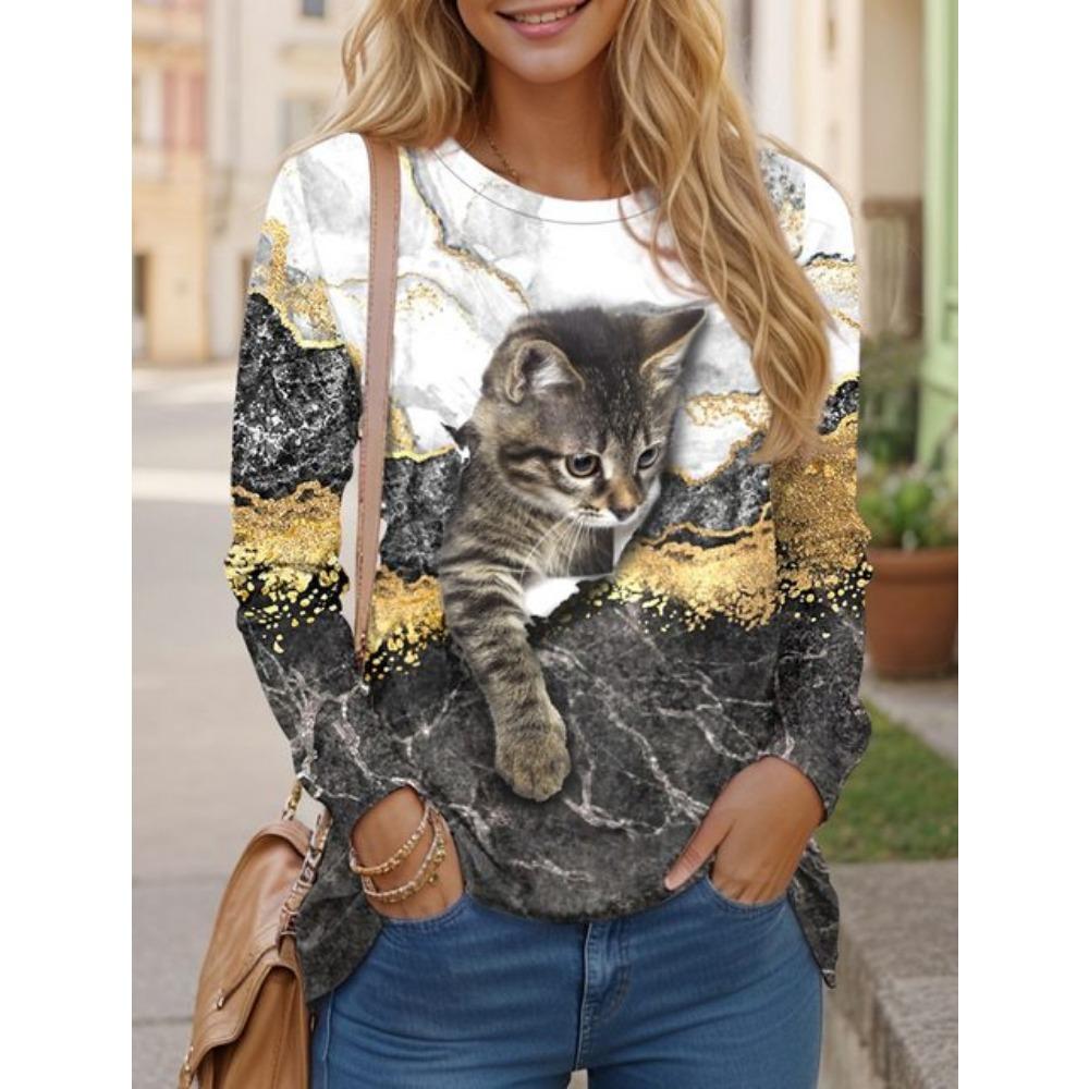 Women's T Shirts 3D Print Art Design Cat Pattern Long Sleeve Daily Weekend Fashion Funny Round Neck Regular Fit Spring & Fall