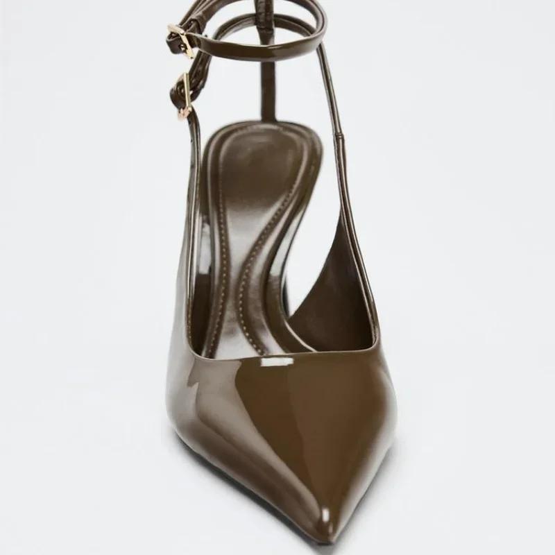 Fashion Sexy Pointed Toe Ankle Straps Buckle Women Pumps Patent Leather Slingbacks High Heels Elegant Party Shoe Stiletto Heeled Sandals
