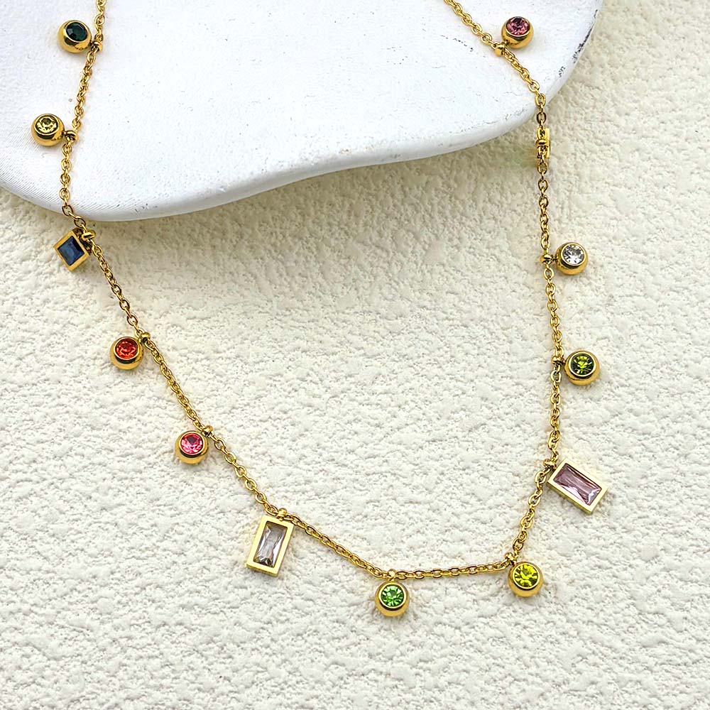 Fashion Round Rectangle Colorful Geometric Zircon Pendant Chain Necklace Choker For Women Stainless Steel Temperament jewelry