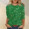 Women T-shirt Crew Neck 3/4 Sleeves Glitter Pullover Tops Shiny Sequins Solid Color Shimmering Blouse
