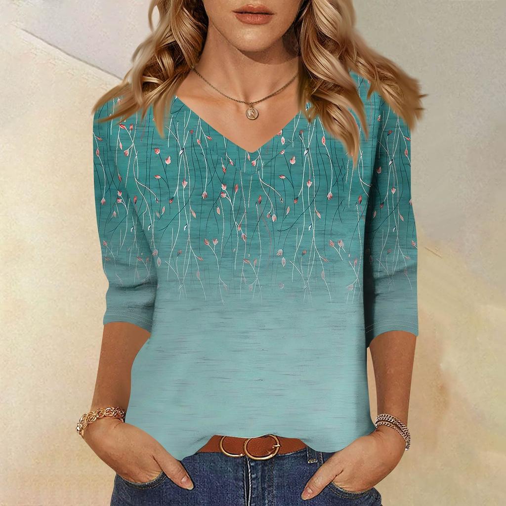 Women's Tops Three-quarter Sleeve Shirt V-neck Loose Casual Shirt Floral Print T-shirt