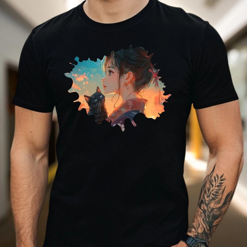 T-Shirt Herren Anime Mädchen mit Katze Motiv Baumwolle Größe S bis 5XL