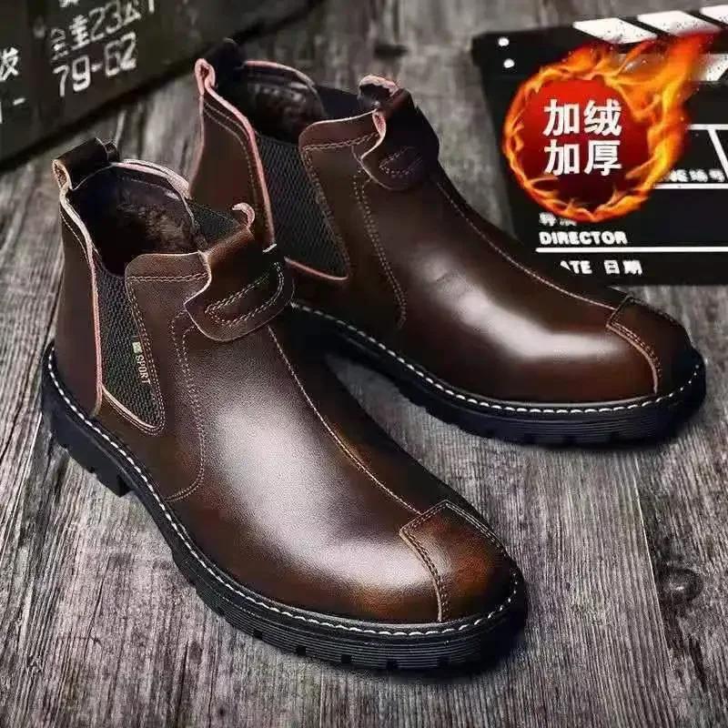 Fashion High Quality Retro Men Ankle Boots British Chelsea Business Casual Leather Shoes Fashion Comfortbale Thick Sole Work Boots Botas