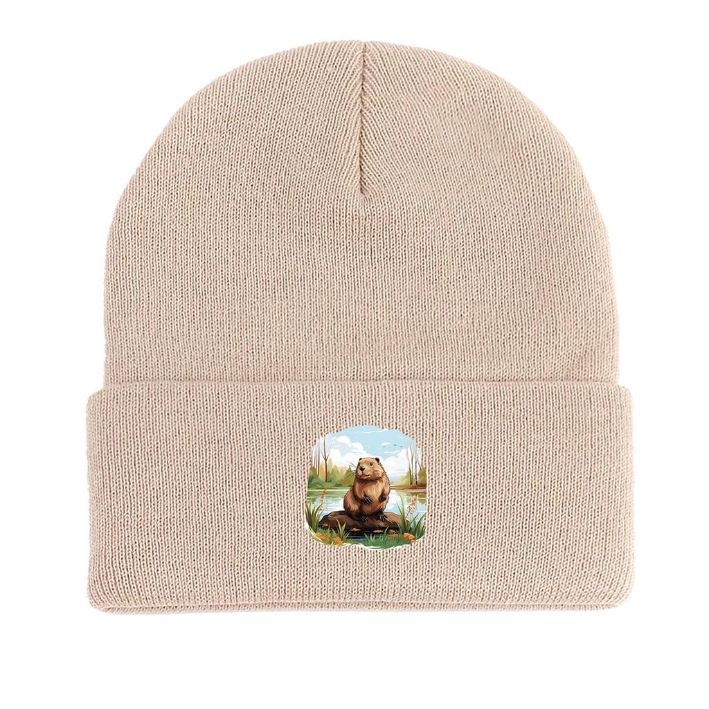 Hamster River Warm Knitted Hat Beanie, Animal Woman Cap Cozy Stretchy Leisure Gorro Knitted Cap Beanie