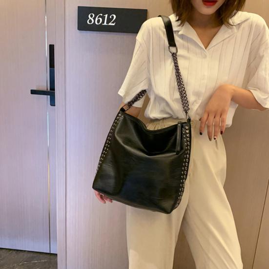 Casual Women Solid Color Rivet Chain Shoulder Bag Faux Leather Crossbody Pouch