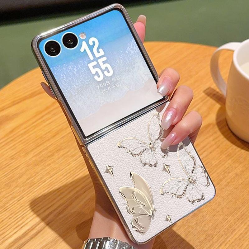 Butterfly Print PU Leather Phone Case For Samsung Galaxy Z Flip7 FE Flip6 Flip 7 6 5 5G Silver Plating Frame Hard Folding Cover
