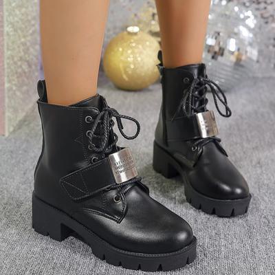 Lucyever панк массивная платформа мотоциклетные ботинки женские ботильоны из искусственной кожи с металлическим декором для женщин на шнуровке черные армейские ботинки
