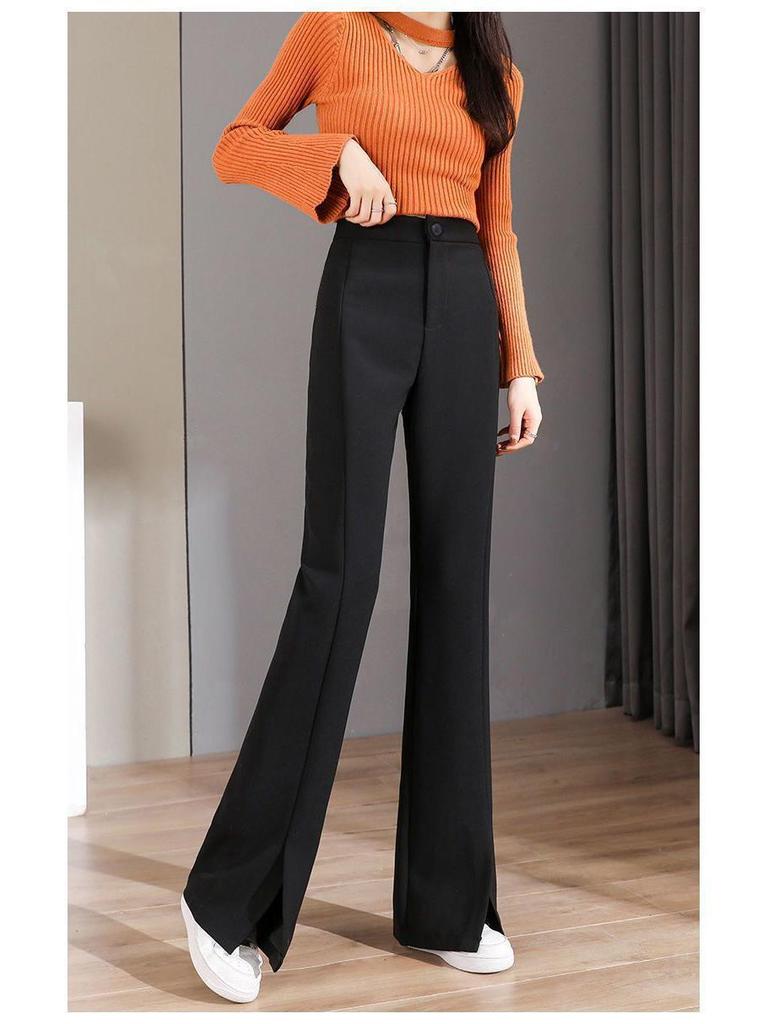 2026 Women's High-Waisted Flowing Black Micro-Flare Wide-Leg Trousers with Slit