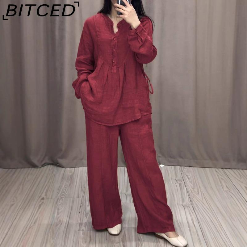 BITCED Осенняя мода Удобный смесовый хлопок-лен Лонгслив с полупуговицами Повседневный На шнурке Широкие брюки Комплект