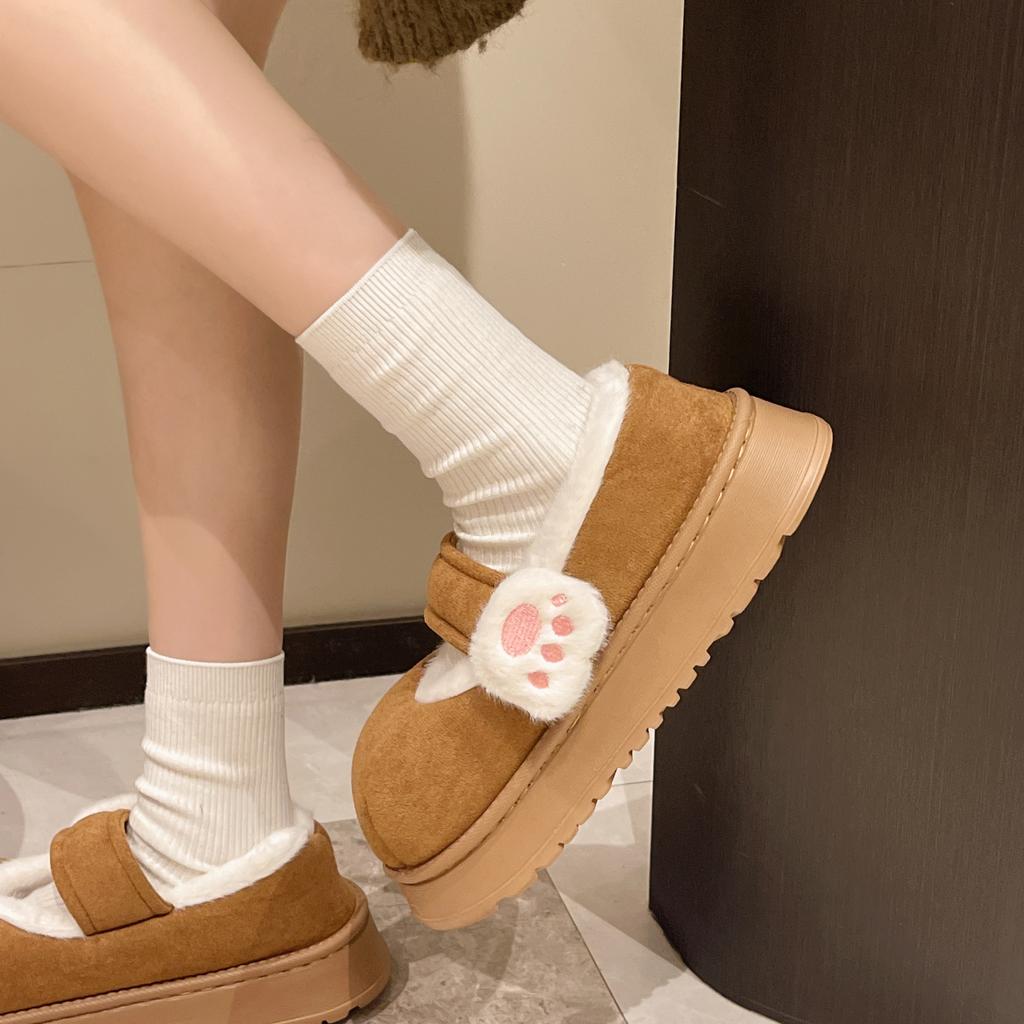 Fashion Winter Cute Cat Claw Accessories Wear Shoes Women Chic Non-slip Sweet Solid Warm Cotton Shoes Female Thick Soled Round Toe Shoes