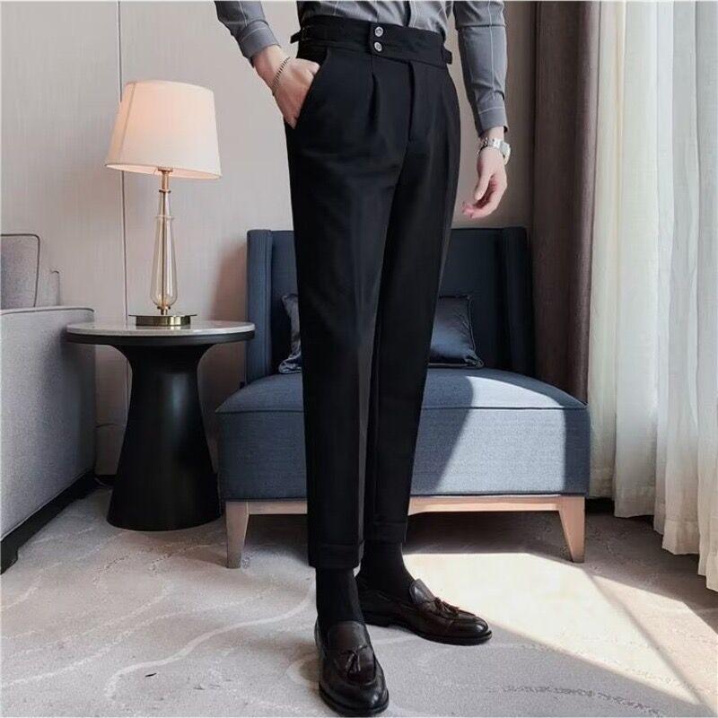 Men’s Autumn Trend British Style Slim Fit Nine-Point Suit Trousers – Solid Color Casual Pants