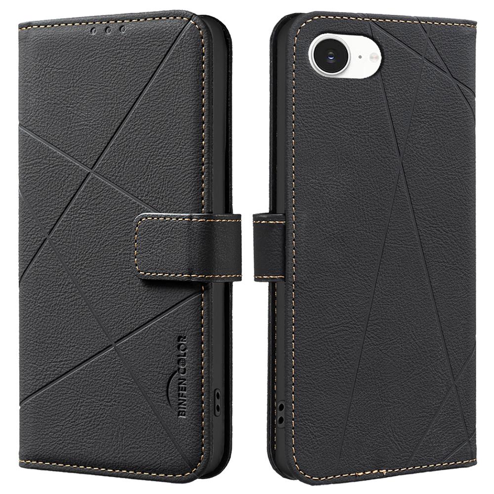 BINFEN COLOR BF35 For iPhone 16e Case RFID Blocking Wallet Stand Geometry Imprinted Leather Phone Cover