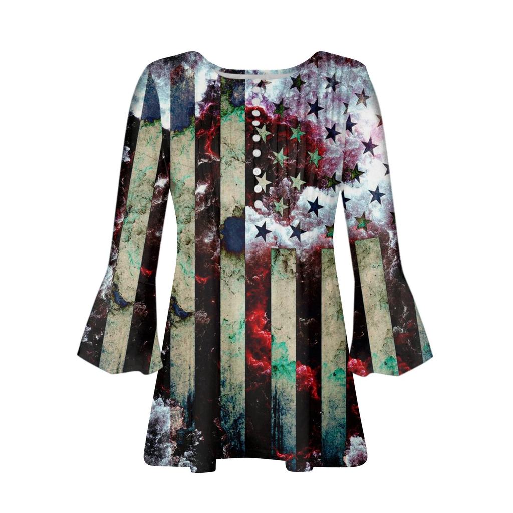 Рубашки на пуговицах для женщин, туника с принтом, летние топы, нарядные повседневные весенние блузки с рукавом 3/4 и v-образным вырезом