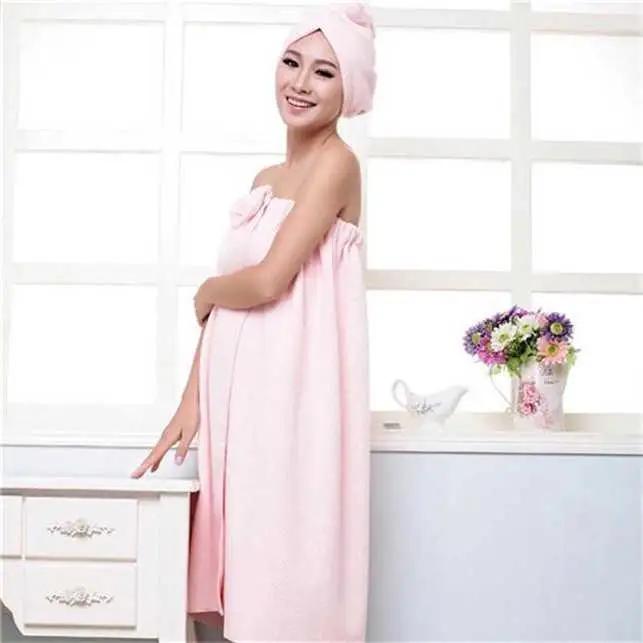 Женский модный однотонный комплект банных полотенец с милым бантом, быстросохнущее банное полотенце, спа-обертывания, шапочка для душа, халат, комплект аксессуаров