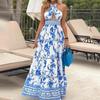 Women Maxi Dresses Summer Fashion Vintage Printed Backless Halterneck Tie Up Cutout Party Beach Long Skirt Dresses