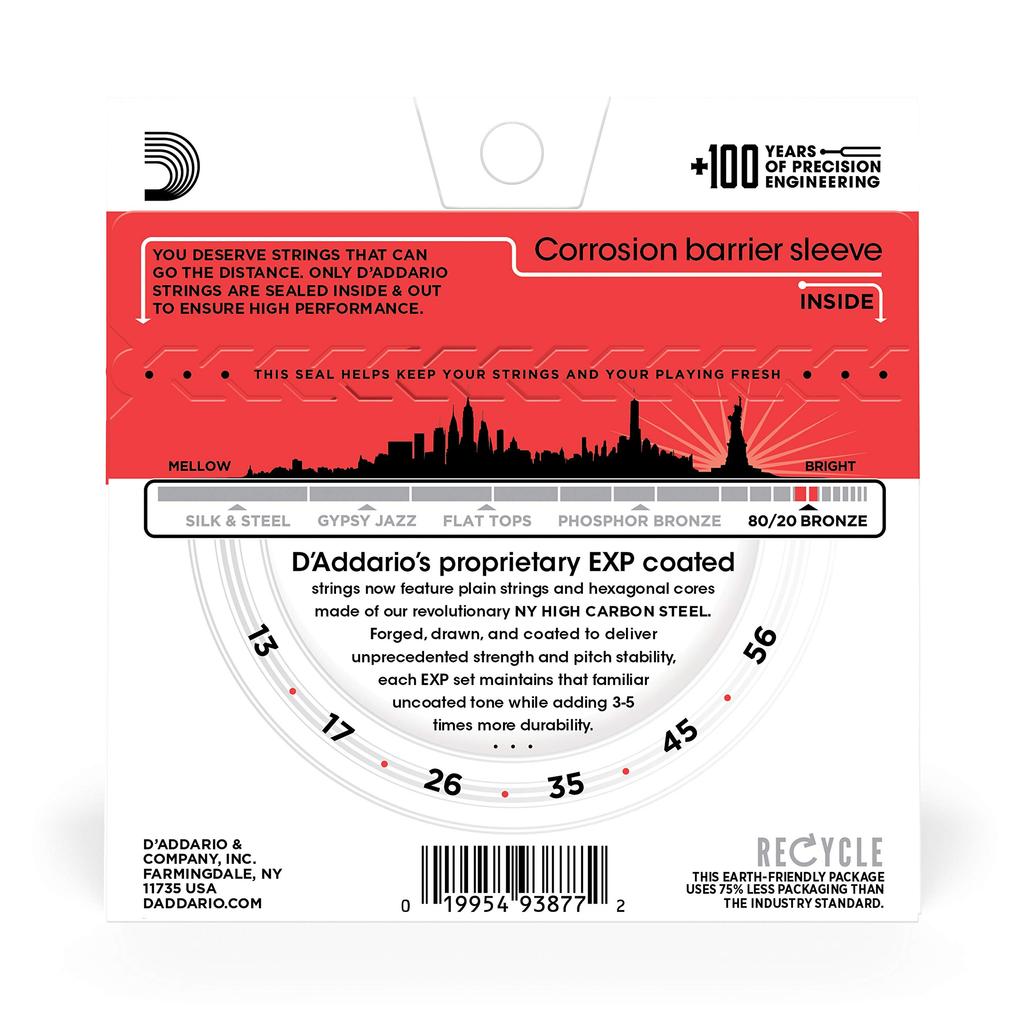 D'Addario EXP12 Acoustic Guitar Strings, EXP Coated Bronze, Medium, .013-.056