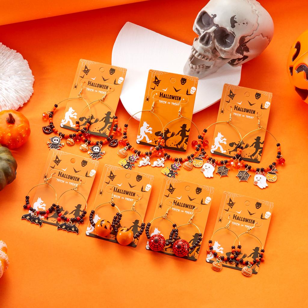 Halloween Cat Pumpkin Ghost Dangle Earrings for Women Fashion Crystal Beaded Round Circle Hoop Earrings Halloween Party Jewelry