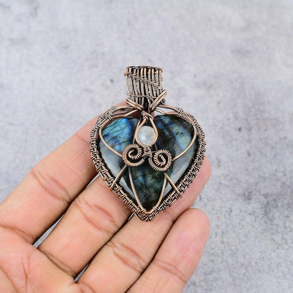 Labradorite Pendant, Handmade Gemstone 999 Copper Wire Wrapped Pendant Antique Jewelry, For Gift Silver Jewelry