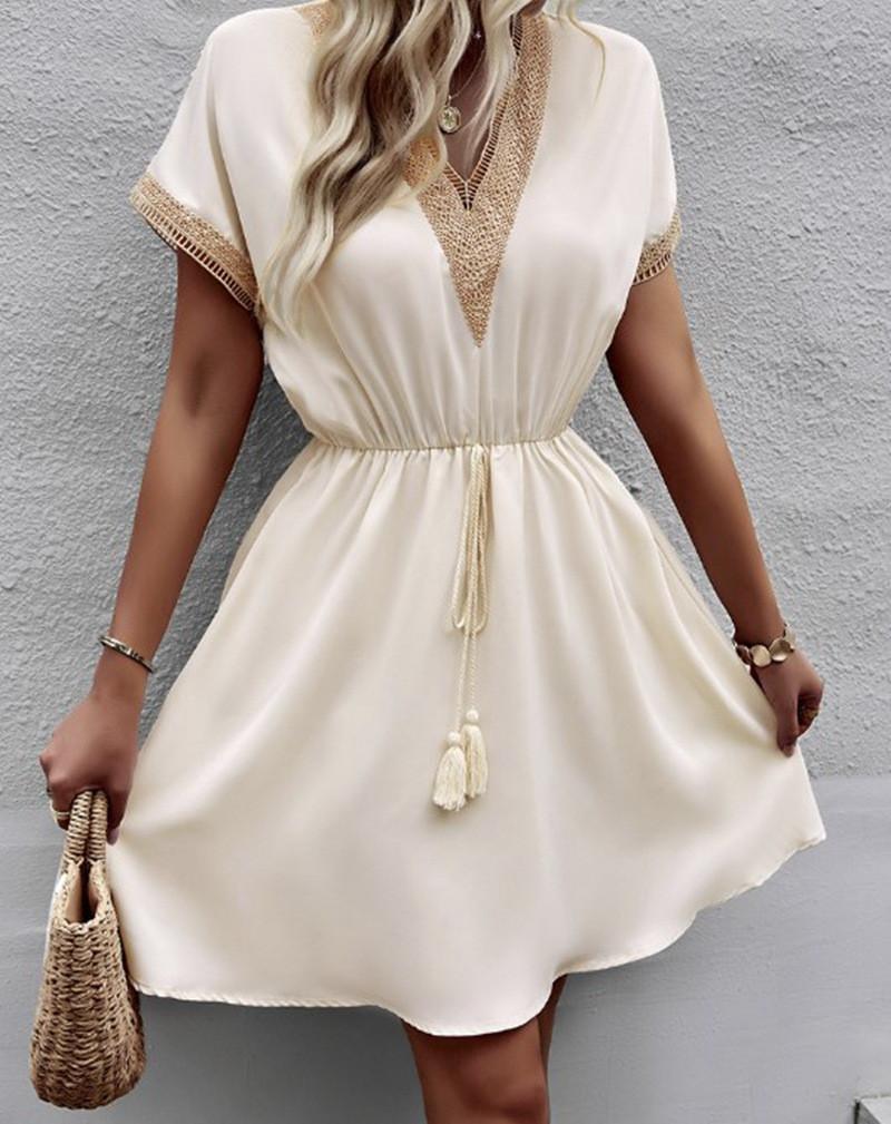 Fashion Women's V-neck Casual Summer Solid Color Short Sleeve Dress