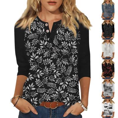 Жен. Футболка С принтом Пуговицы Рукав 3/4 Повседневные Выходные Мода Классический Классический V-образный вырез Обычный Верх