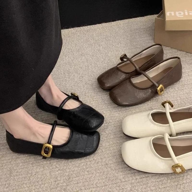 Женские туфли Мэри Джейн, новые дизайнерские туфли на плоской подошве с пряжкой и ремешком, кожаные мягкие женские туфли с квадратным носком, черные туфли на плоской подошве Zapatos Mujer