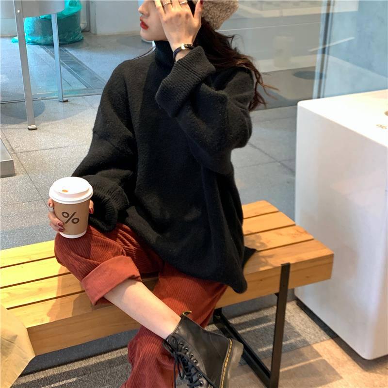 Зимний толстый свитер с высоким воротником, женский свободный пуловер, однотонный вязаный свитер с разрезом