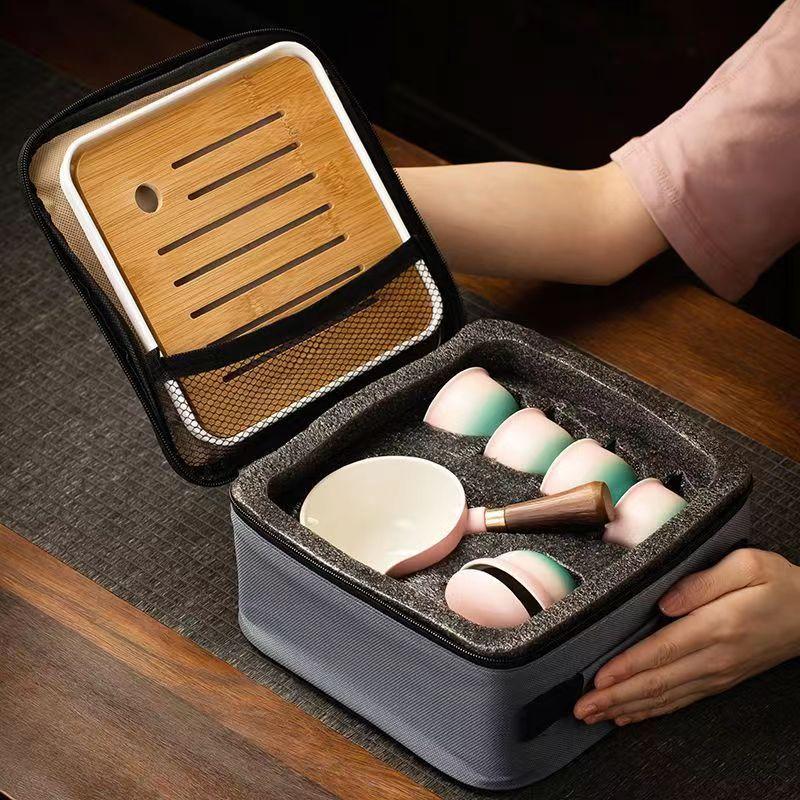 Lazy Tea Brewing Set Home Japanese One Pot Four Cups Tea Tray Portable Travel Tea Set Ceramic Rotating Side Handle Pot