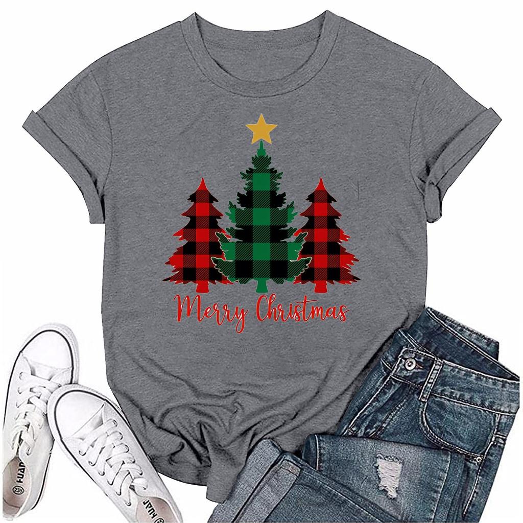 Женский повседневный рождественский принт с короткими рукавами и круглым вырезом, свободный пуловер, топ
